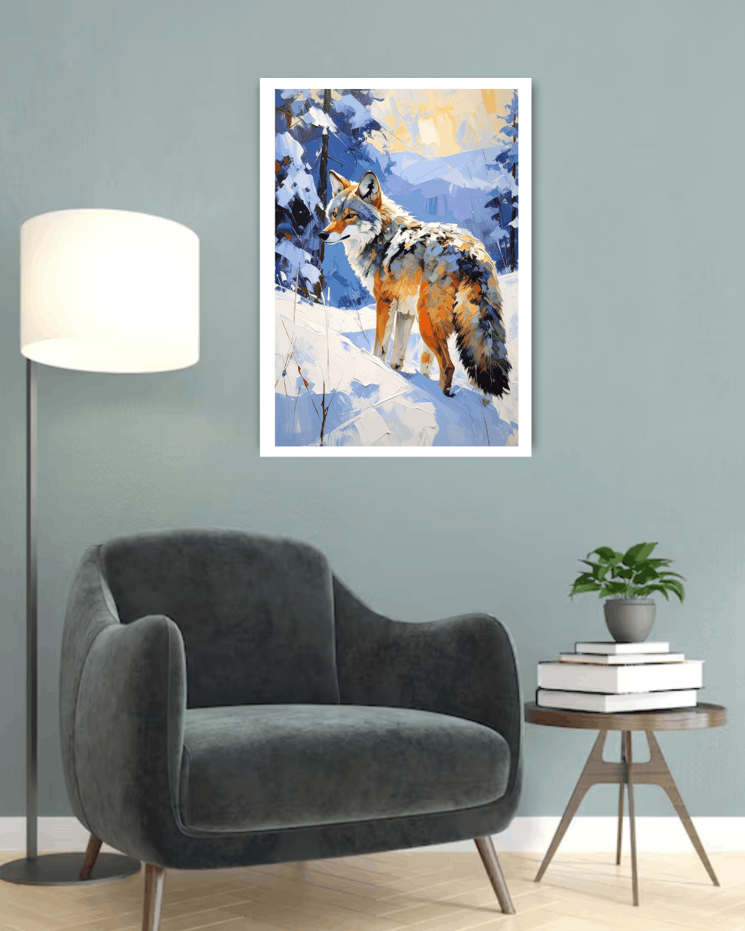 Living room with a gray armchair, floor lamp, and a wall art of a fox in a snowy landscape.