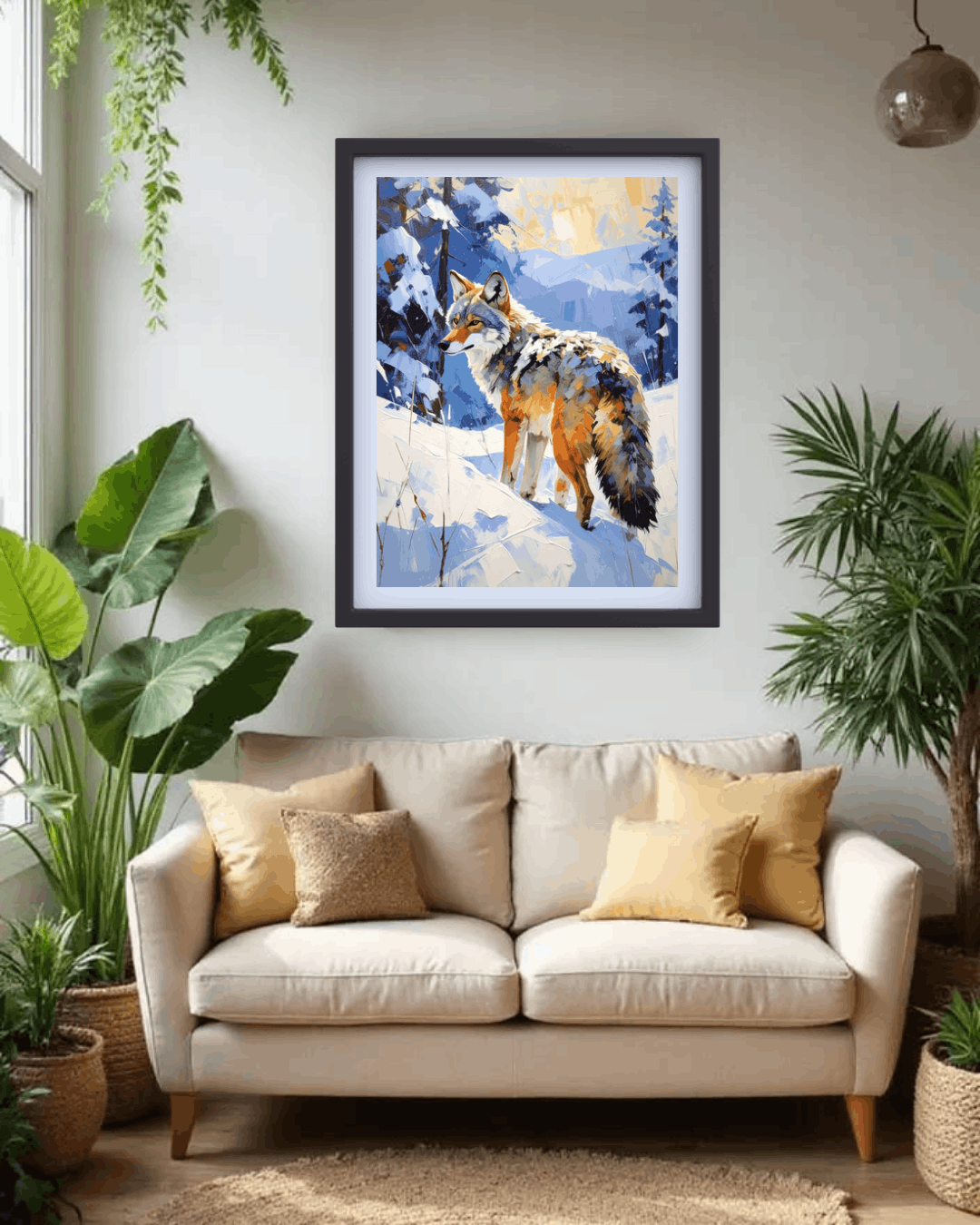 Framed artwork of a wolf in a snowy landscape above a beige sofa with decorative pillows.