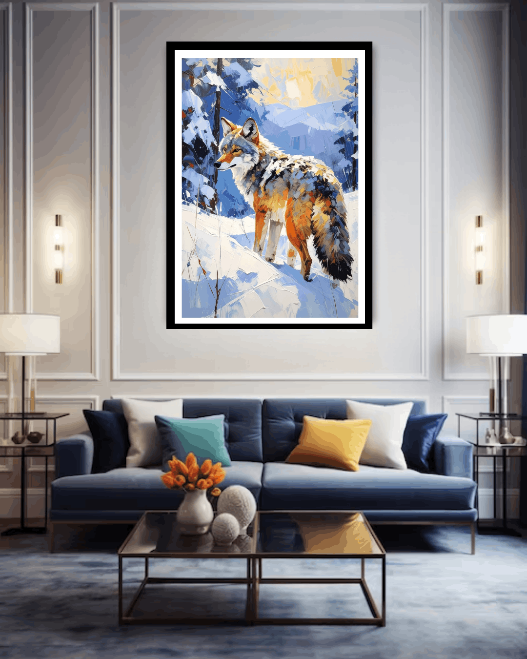 Living room with a blue sofa, coffee table, and wall art of a fox in a snowy landscape.