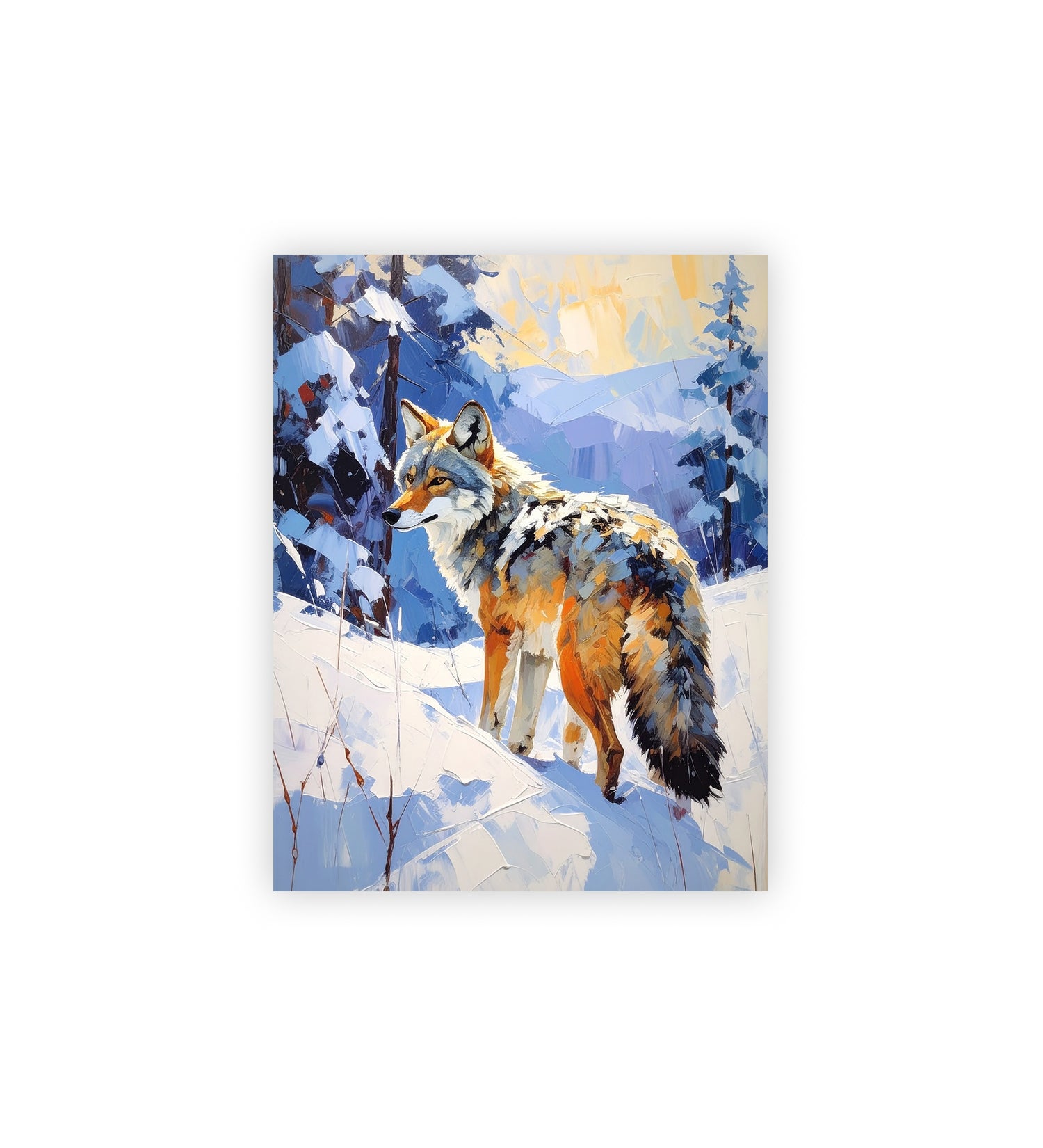 Painting of a fox in a snowy landscape