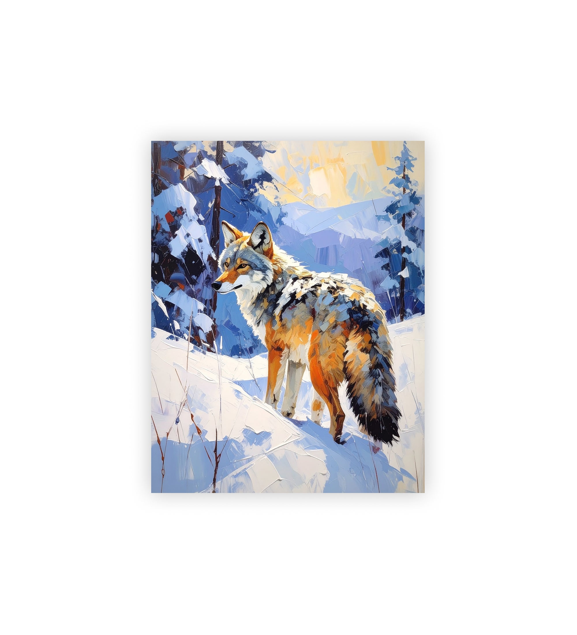 Painting of a fox in a snowy landscape