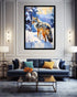 Living room with a blue sofa, coffee table, and wall art of a fox in a snowy landscape.