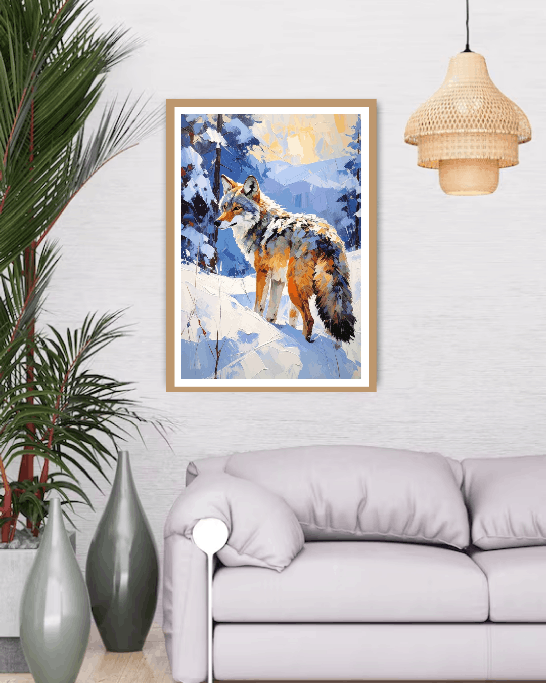 Framed artwork of a wolf in a snowy landscape above a gray sofa in a living room.