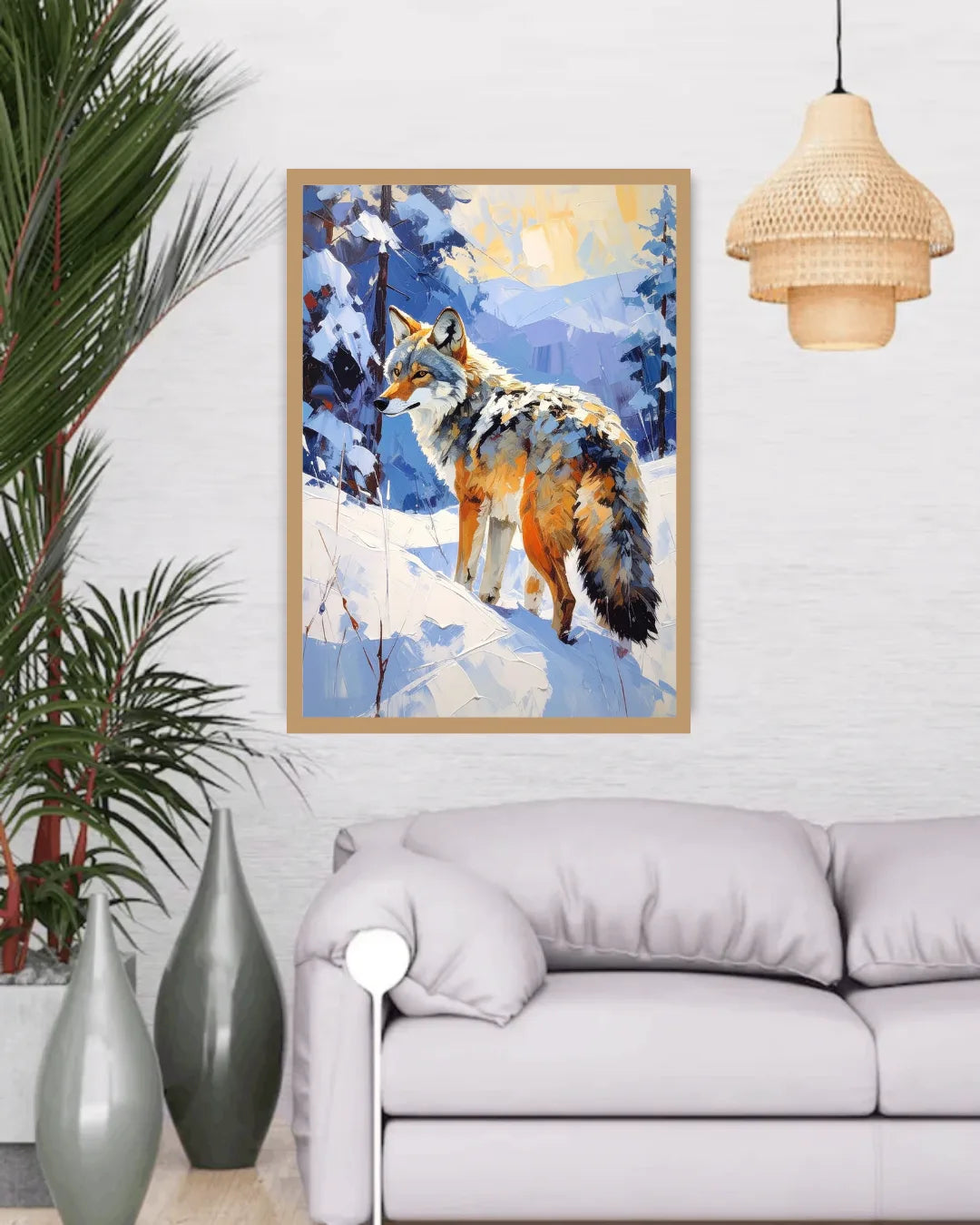 Framed painting of a wolf in a snowy landscape above a white sofa in a living room.