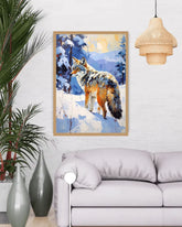 Framed painting of a wolf in a snowy landscape above a white sofa in a living room.