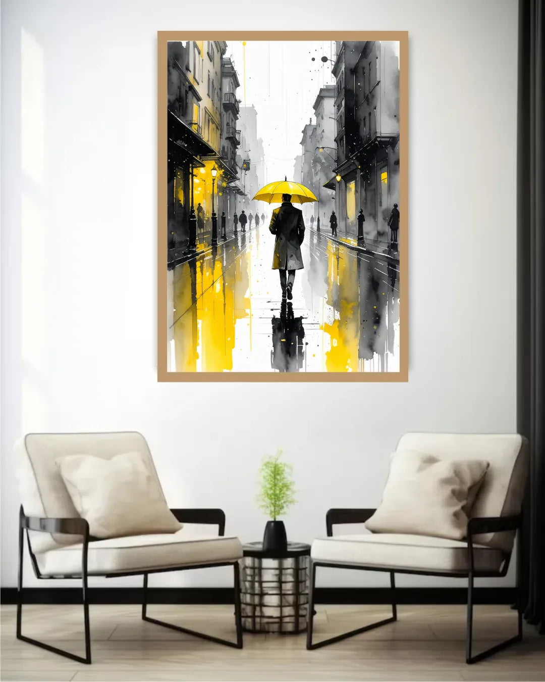 Yellow Umbrella Cityscape Wall Art Canvas Painting for Modern Living Room Decor