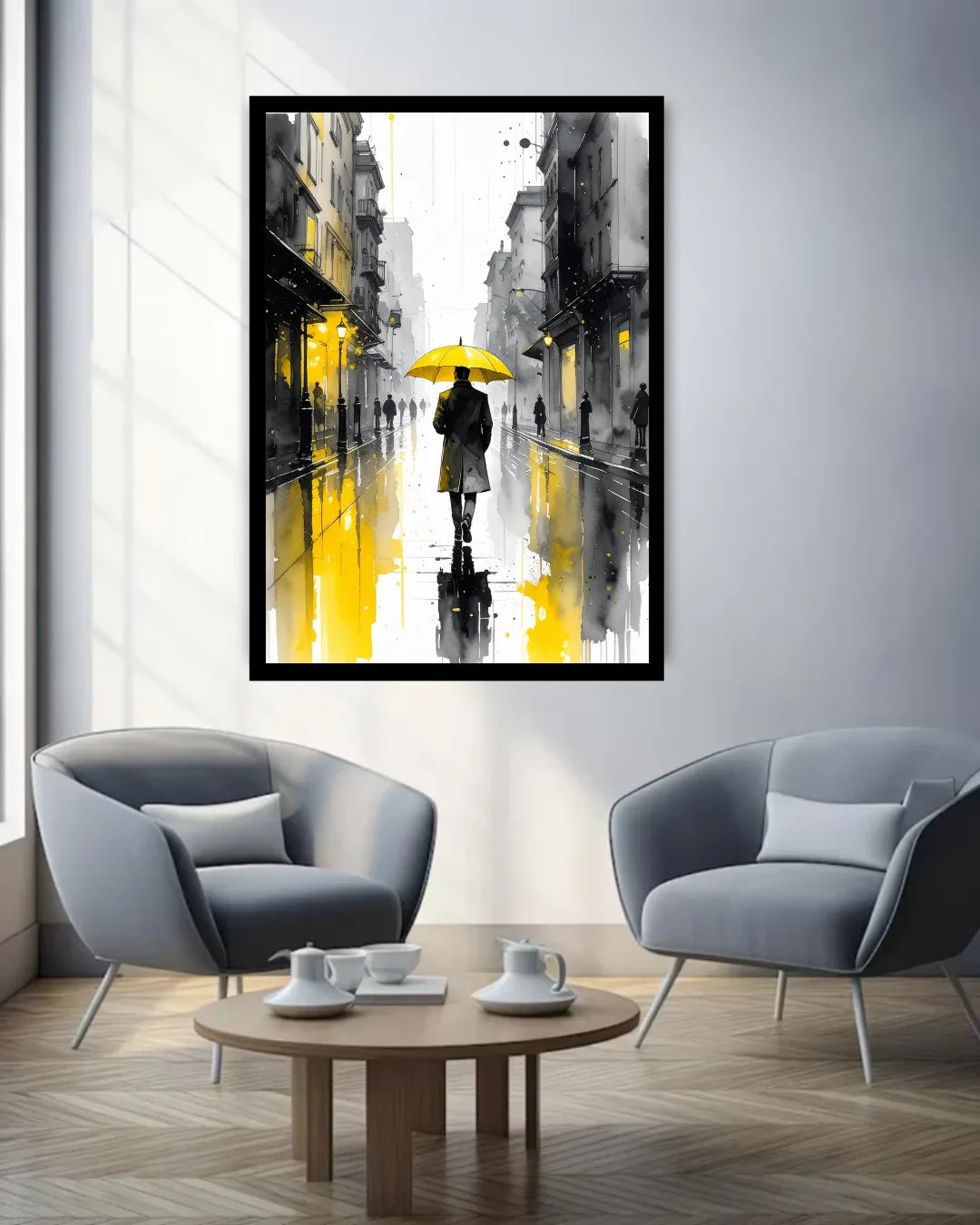 Abstract Rainy Street Canvas Wall Art with Yellow Umbrella for Home Interior