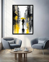 Abstract Rainy Street Canvas Wall Art with Yellow Umbrella for Home Interior