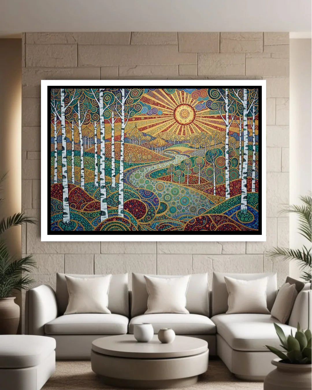 Colorful abstract landscape painting on a wall above a white sofa.