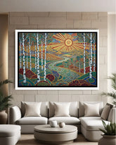 Colorful abstract landscape painting on a wall above a white sofa.