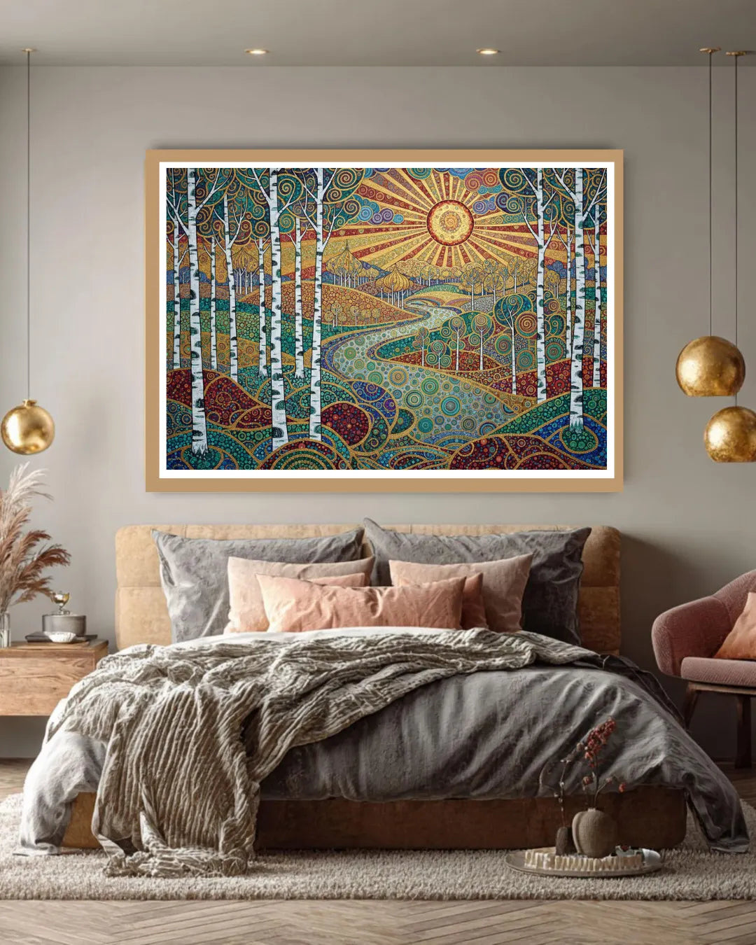 Decorative wall art of a sun and trees in a bedroom with a bed and pillows.