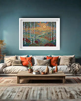 Living room with a colorful abstract painting on the wall above a sofa.