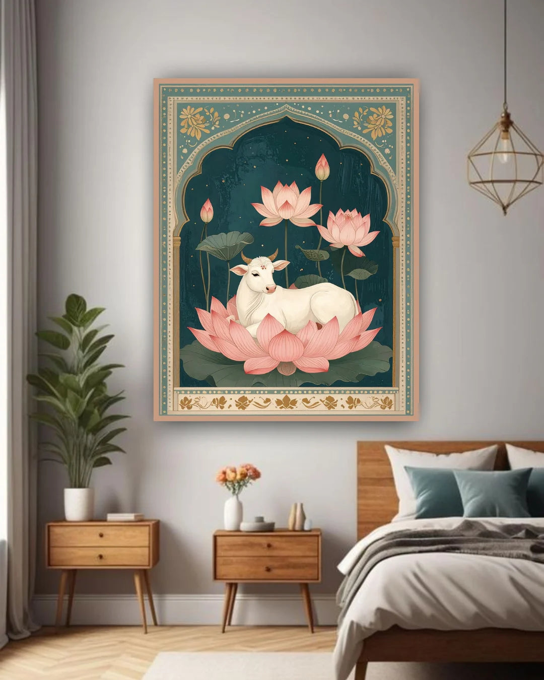 Decorative wall art of a cow among pink lotus flowers in a bedroom setting.