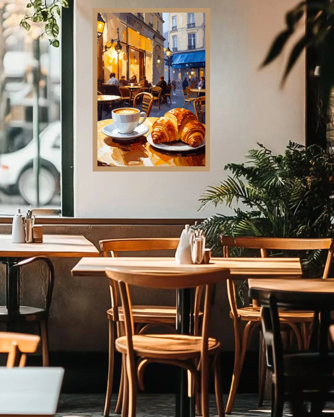 A framed art print depicting a cozy cafe scene with a croissant and coffee cup, displayed on a wall in a modern, sunlit cafe interior with wooden tables and chairs.