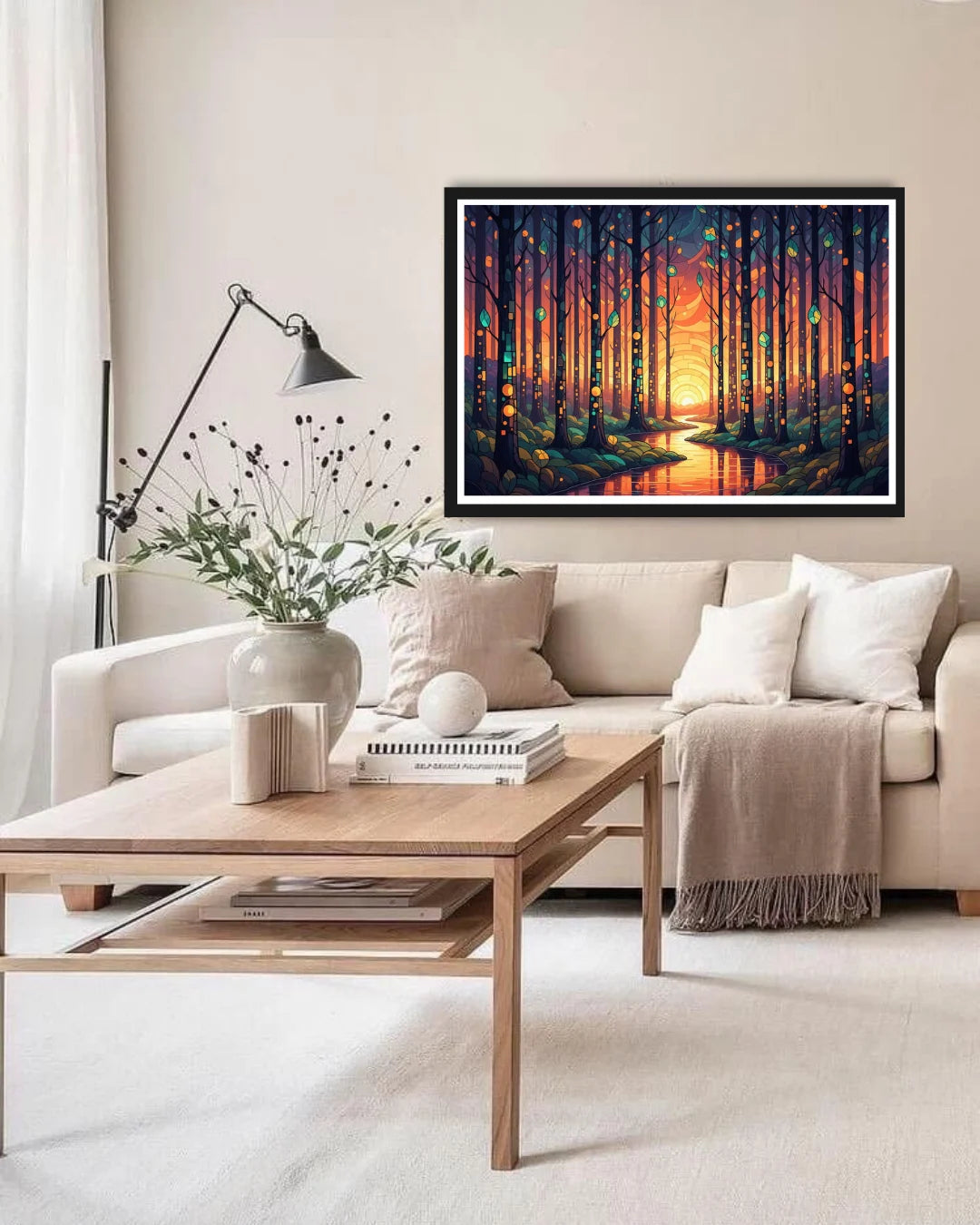 Living room with a painting of a forest scene on the wall