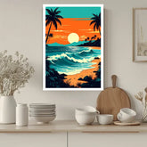 A framed vertical art print depicting a winding stone path through a sunlit forest, displayed on a beige wall in a styled room with a chair, basket, and shelving.
