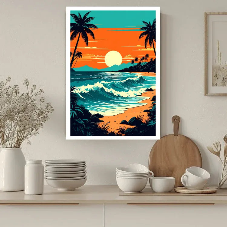 A framed vertical art print depicting a winding stone path through a sunlit forest, displayed on a beige wall in a styled room with a chair, basket, and shelving.