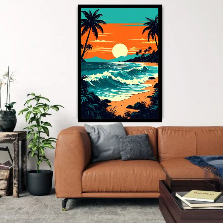 A framed vertical canvas print of a tropical sunset beach scene hangs on a white wall above a brown leather sofa in a modern living room setting.