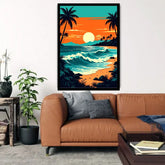 A framed vertical canvas print of a tropical sunset beach scene hangs on a white wall above a brown leather sofa in a modern living room setting.