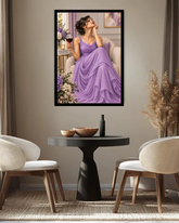 A framed art print depicting a woman in a flowing lavender gown holding a glass of red wine, displayed on a neutral wall above a modern black round table and two cream-colored chairs.