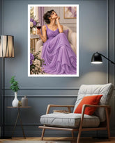 A framed art print depicting a woman in a flowing lavender gown sitting in a chair and holding a glass of red wine, displayed on a dark gray wall above a modern armchair in a styled living room.