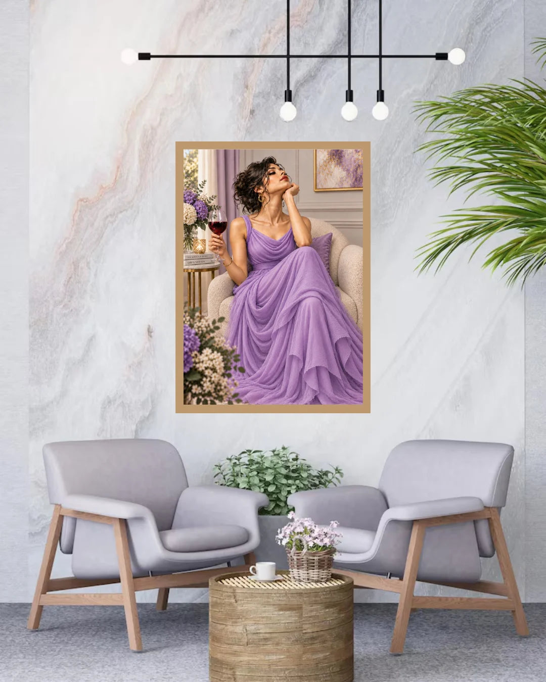 A framed art print depicting a woman in a flowing lavender gown sitting in a chair and holding a glass of red wine, displayed on a light marble wall above two modern gray armchairs with a small wooden side table in between.