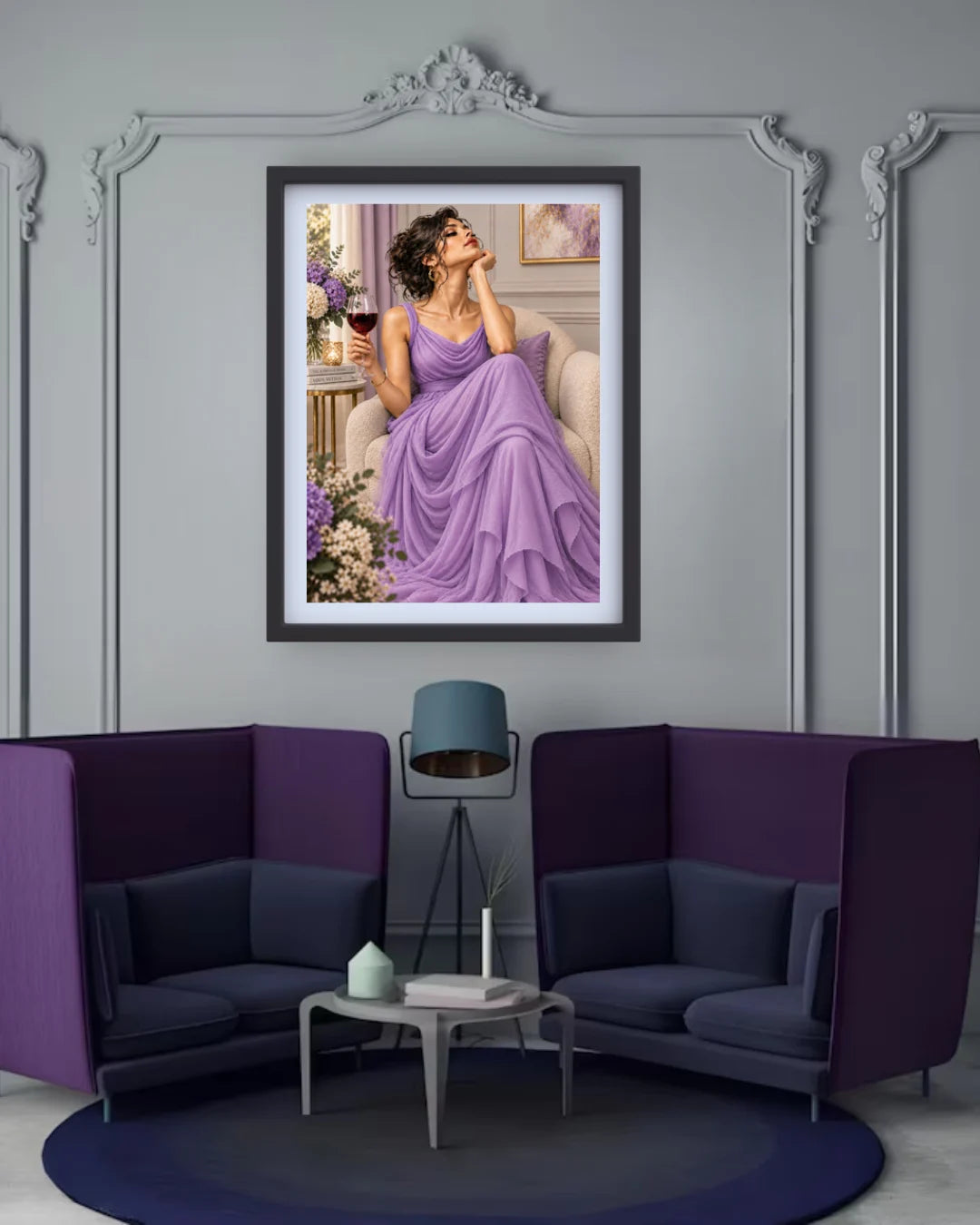 A framed art print of a woman in a lavender gown hanging on a gray wall above a modern purple and navy lounge set with a small side table and lamp.