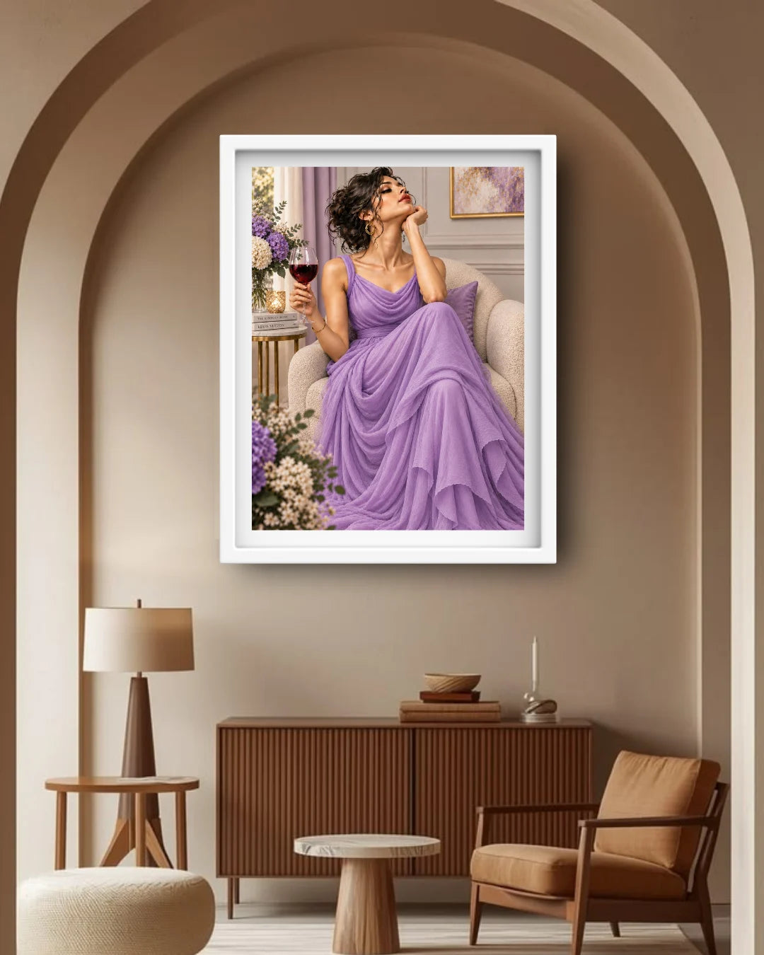 A framed art print depicting a woman in a flowing lavender gown sitting in an armchair and holding a glass of red wine, displayed on a beige wall in a modern, warm-toned living room setting.