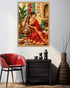 A framed art print depicting a woman in a red sari playing a stringed instrument, displayed on a light gray wall above a black side table in a styled room with a red chair and vases.