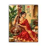 A vertical art print depicting a woman in a red and gold sari playing a traditional Indian stringed instrument, seated in an ornate interior with a cat on a sofa, shown against a plain white background.