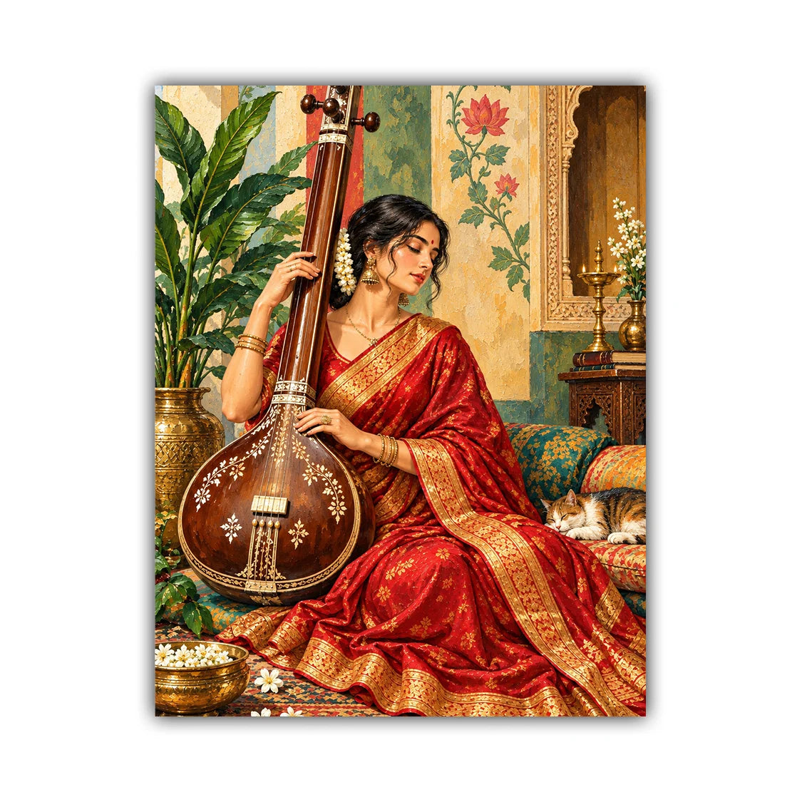 A vertical art print depicting a woman in a red and gold sari playing a traditional Indian stringed instrument, seated in an ornate interior with a cat on a sofa, shown against a plain white background.
