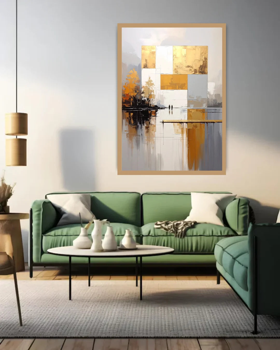 Modern living room with a green sofa, abstract art, and decorative items.