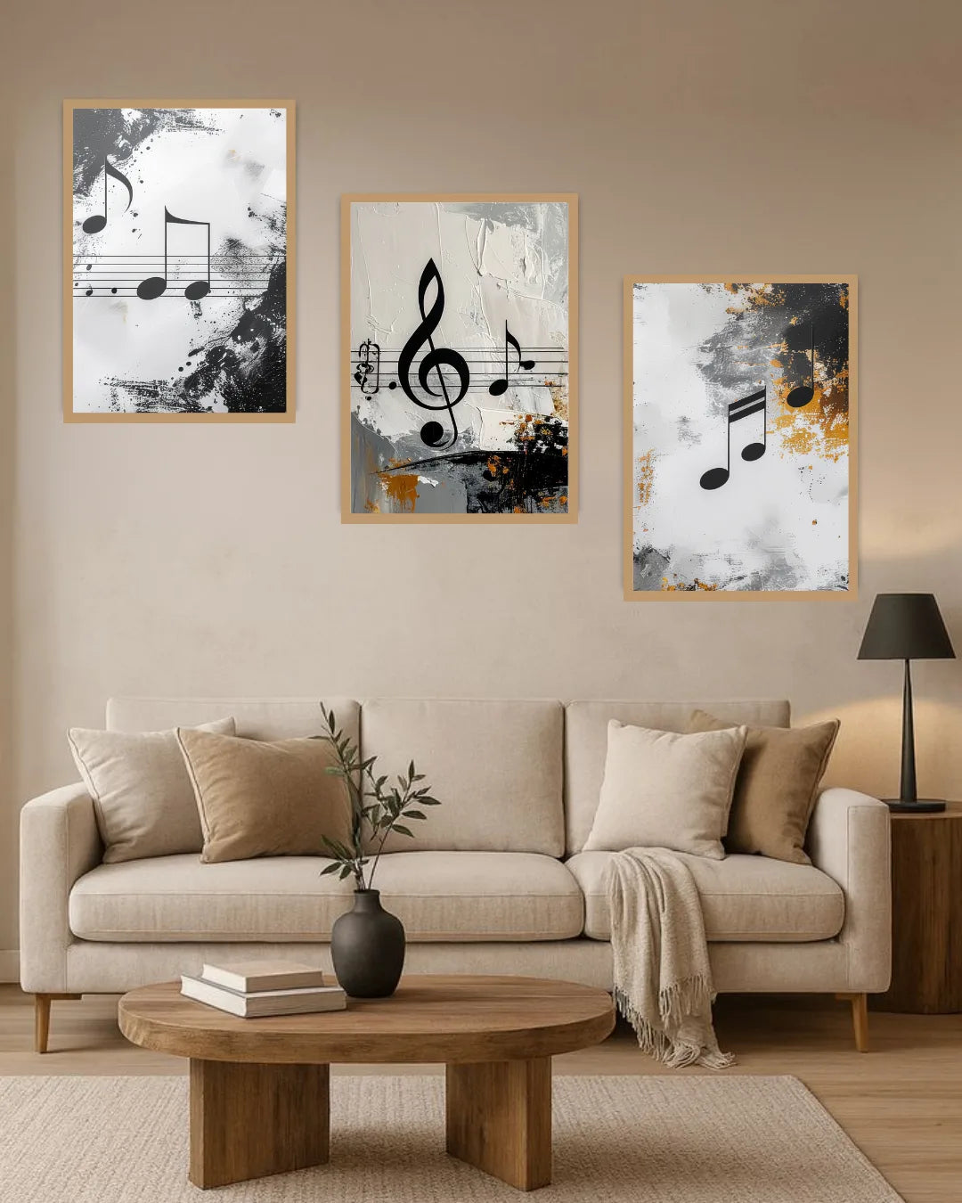 A set of three framed abstract wall art prints with musical notes hangs above a beige sofa in a modern living room setting.