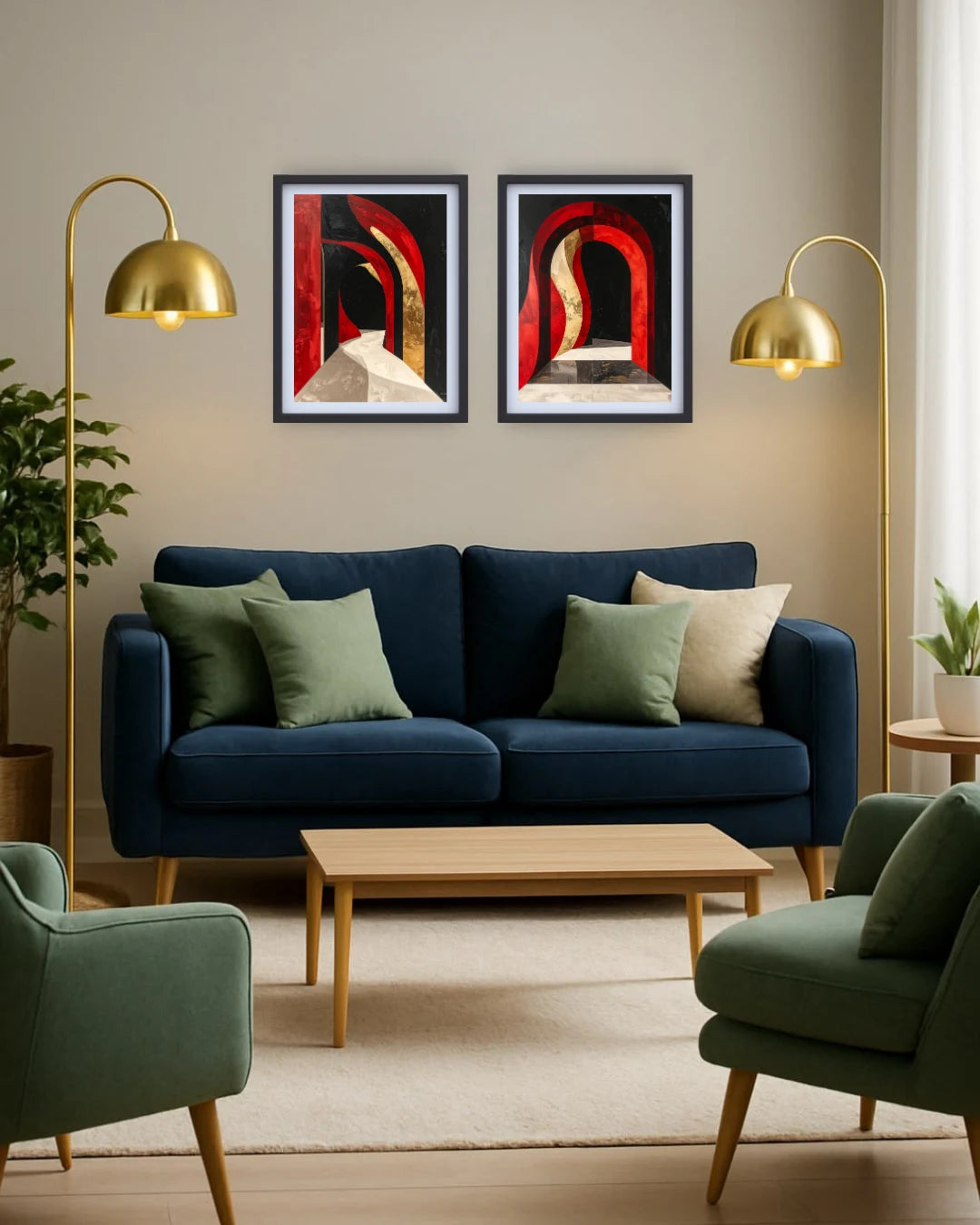 abstract arch wall art displayed in stylish cozy living room