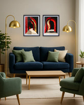 abstract arch wall art displayed in stylish cozy living room