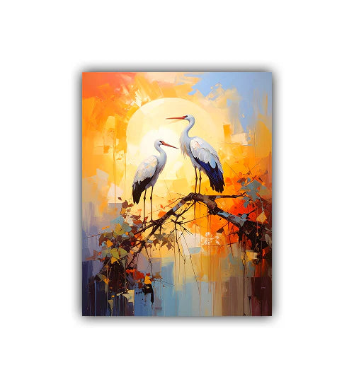 Abstract birds wall art canvas painting with warm colors