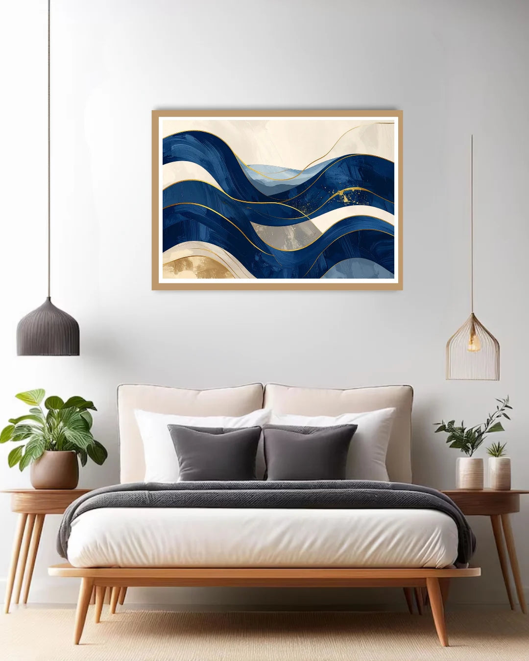 abstract blue wall art canvas in minimal home interior