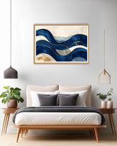abstract blue wall art canvas in minimal home interior
