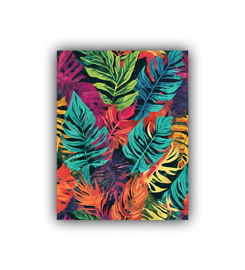 Abstract botanical canvas painting with tropical leaves design