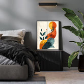 Abstract botanical wall art canvas displayed in a modern bedroom interior
