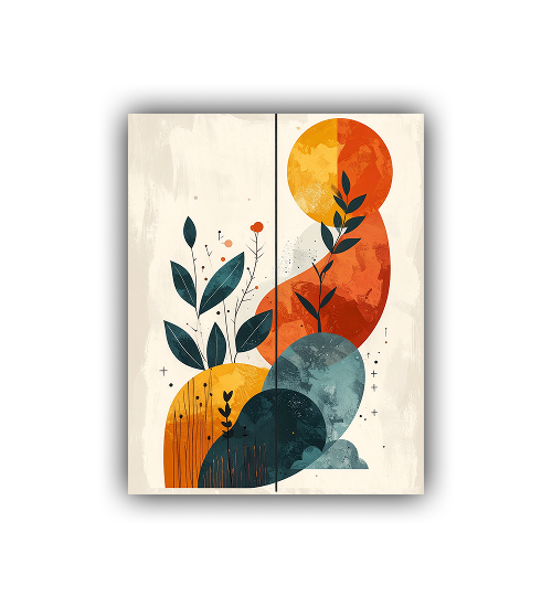Close-up view of abstract botanical wall art canvas painting with modern shapes
