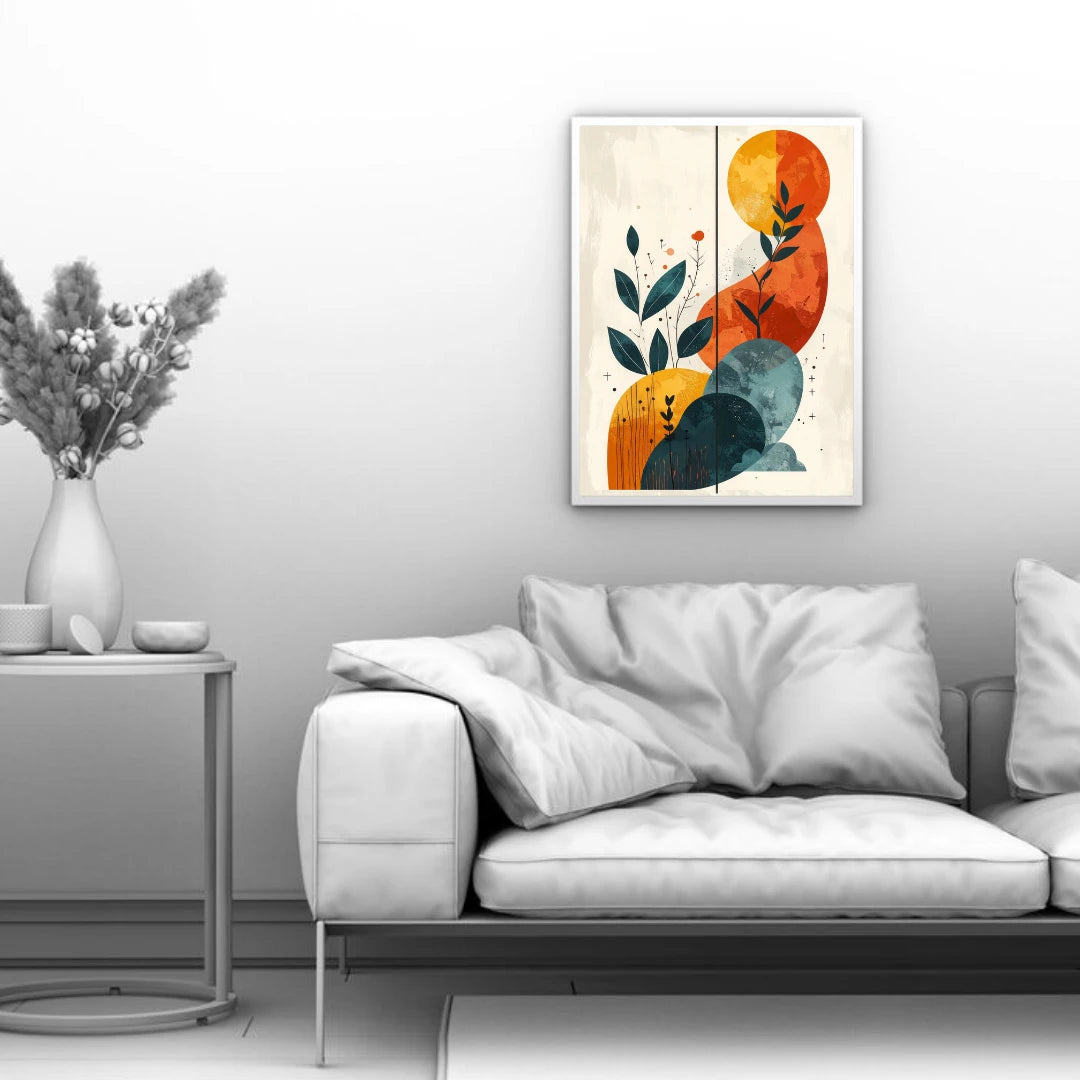 Modern abstract botanical wall art canvas displayed above a grey sofa in a minimalist living room
