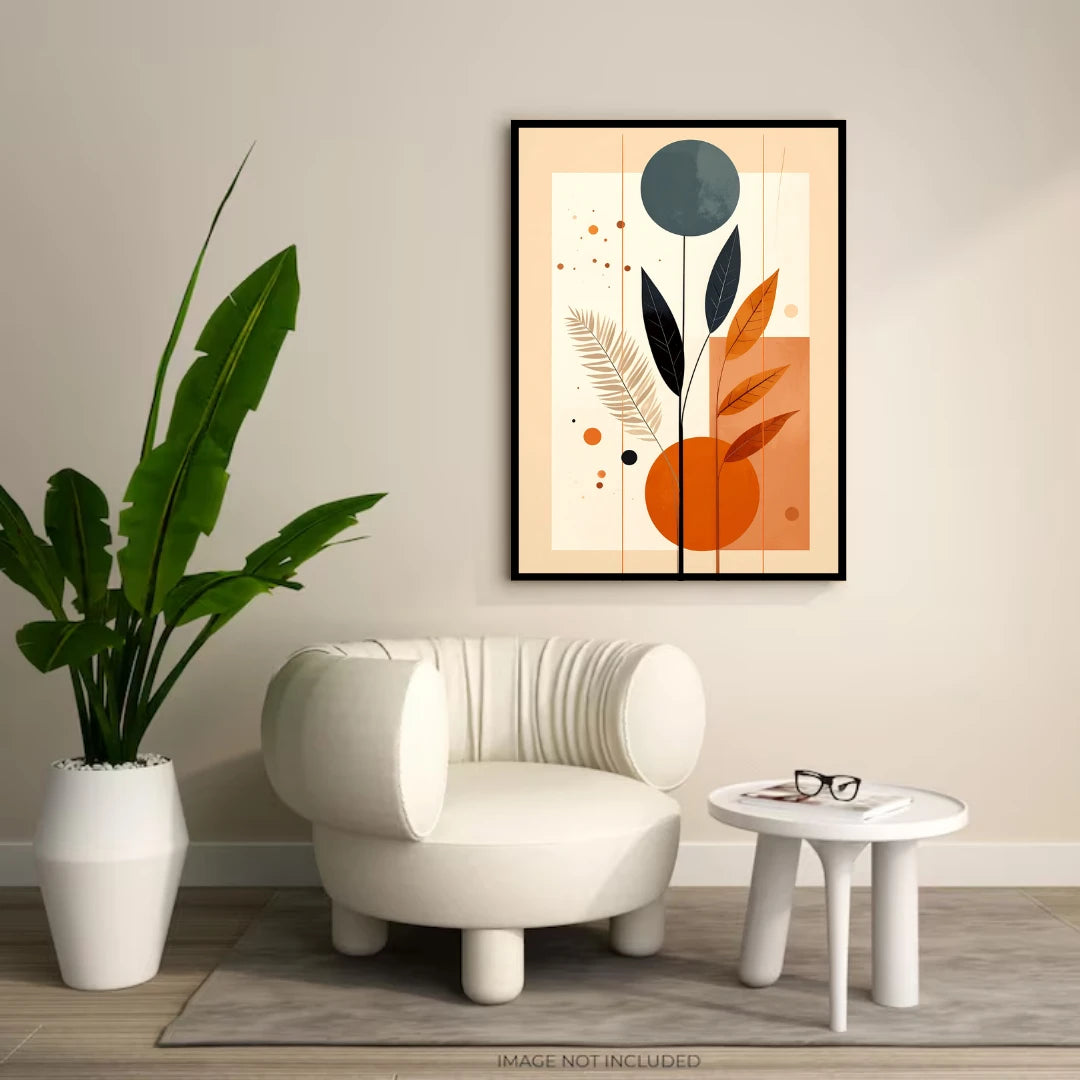 Modern abstract botanical wall art canvas displayed above a minimal chair in a stylish interior
