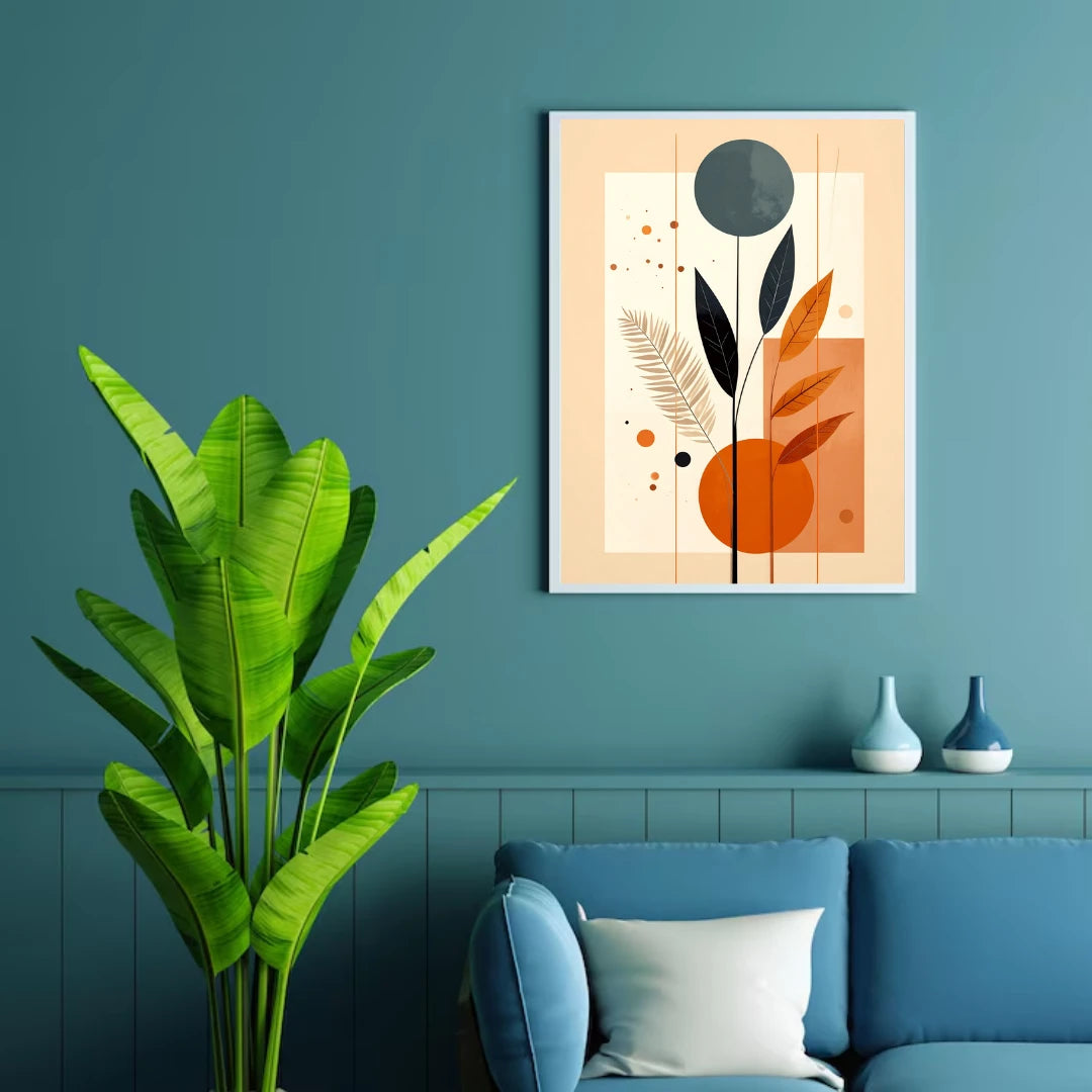 Abstract botanical wall art canvas hanging on a teal wall in a modern living room
