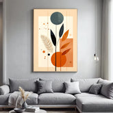 Modern abstract botanical wall art canvas displayed above a grey sofa in a contemporary living room
