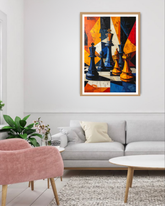 Colorful abstract painting of chess pieces on a wall above a sofa in a living room.
