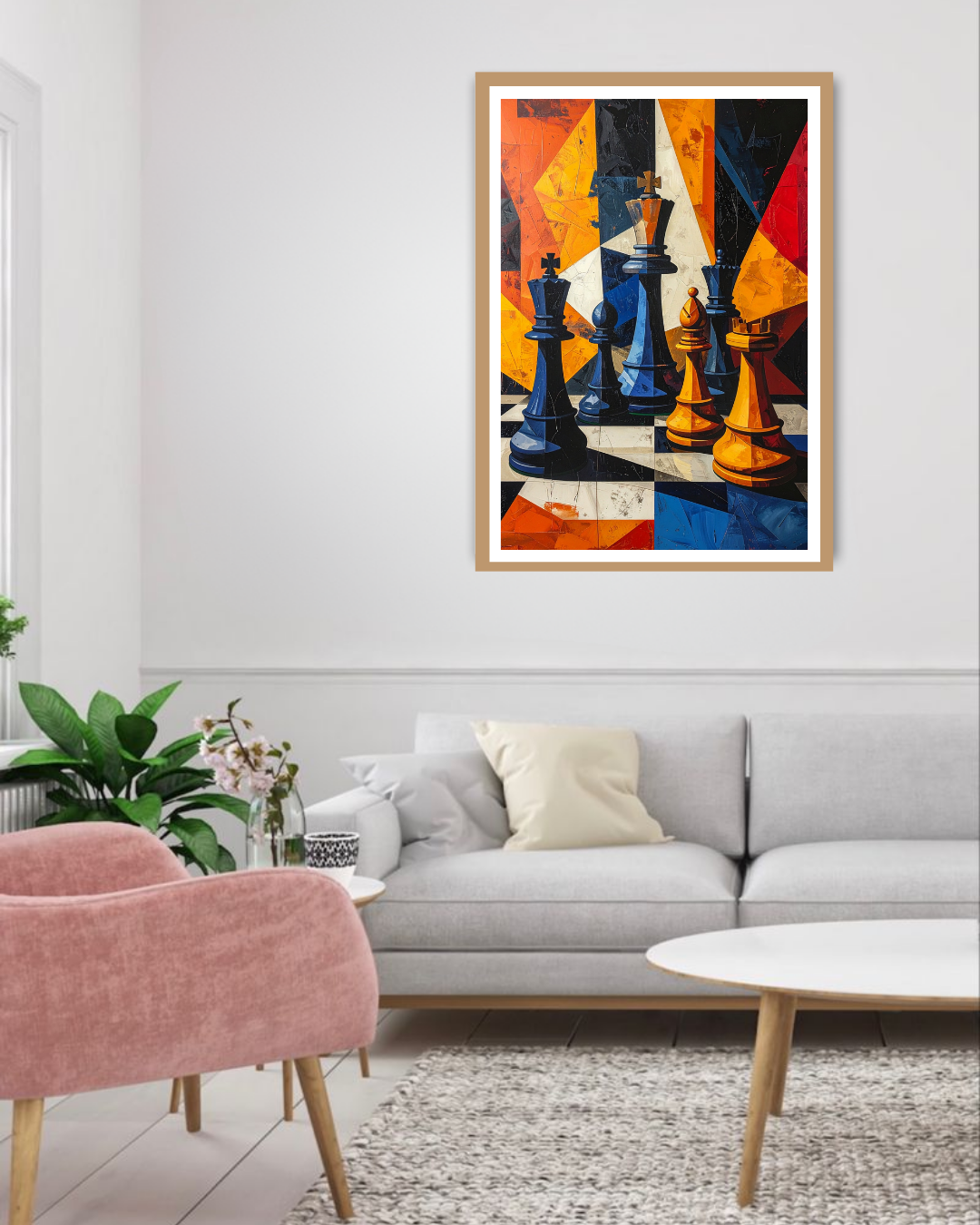 Colorful abstract painting of chess pieces on a wall above a sofa in a living room.