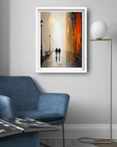 minimal city canvas artwork displayed in cozy living room