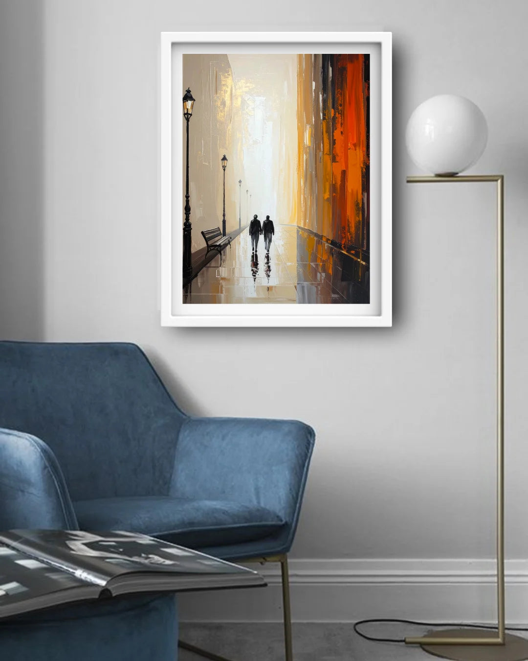 minimal city canvas artwork displayed in cozy living room