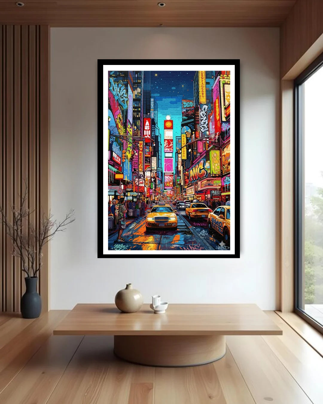 Framed artwork of a vibrant city street scene with taxis on a wall in a modern room.